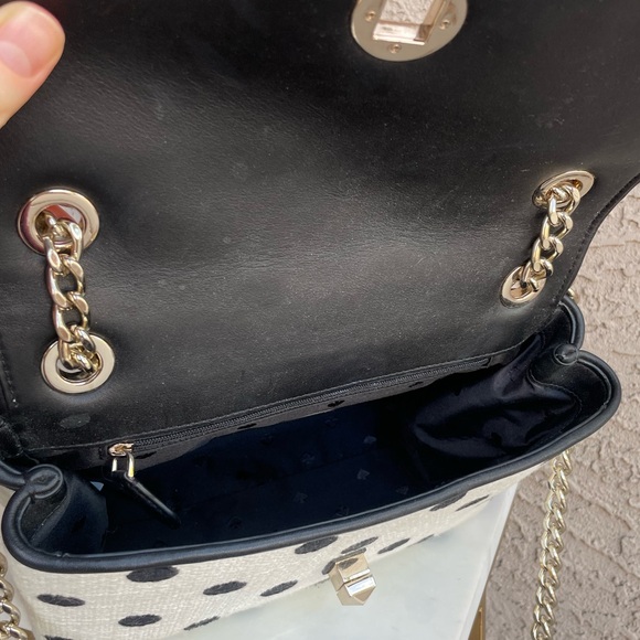 KATE SPADE Black & White Polka Dot Textured Natalia Chain Strap Flap Satchel Bag - Picture 12 of 17